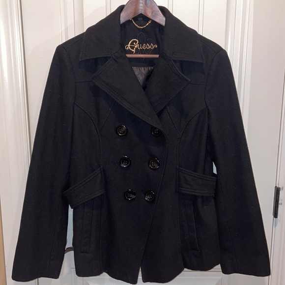 GUESS XL Black Double Breasted Peacoat / Nautical Jacket Wool Blend tailored - Picture 1 of 17